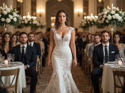 Красивая невеста с формами участвует в конкурсе на свадьбе с гостями