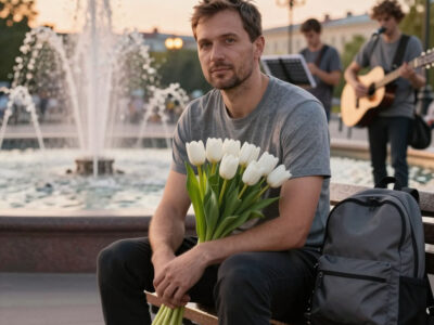 Мужчина с букетом тюльпанов сидит на лавочке у фонтана