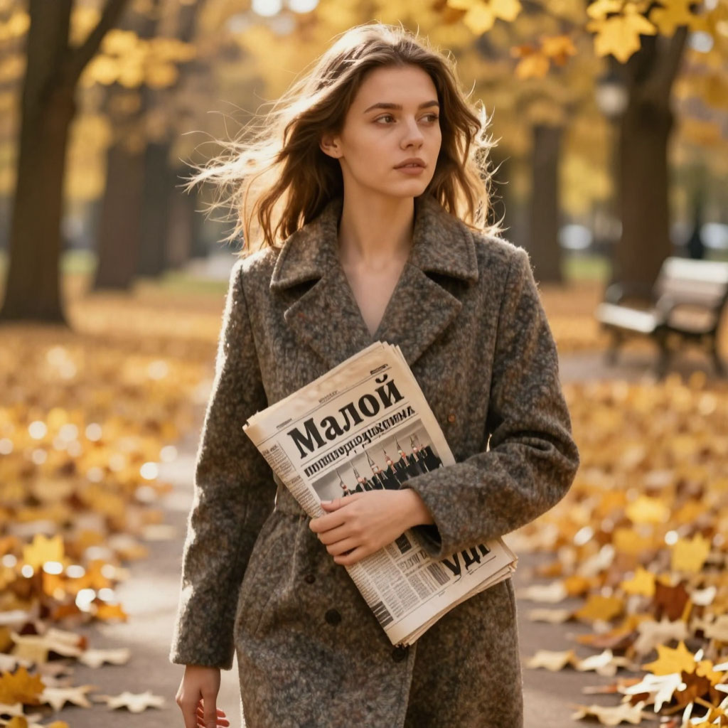 Девушка 27 лет в длинном пальто идёт по осеннему парку, в руке старая газета о первомайском параде