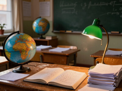 раскрытый сценарий на учительском столе с пометками от руки