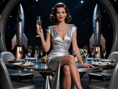 космический банкет элегантная женщина серебристое платье