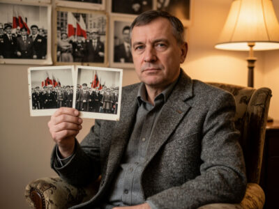 Мужчина 45 лет в сером пиджаке сидит в кресле на фоне семейного архива фотографий первомайских демонстраций 1950-х