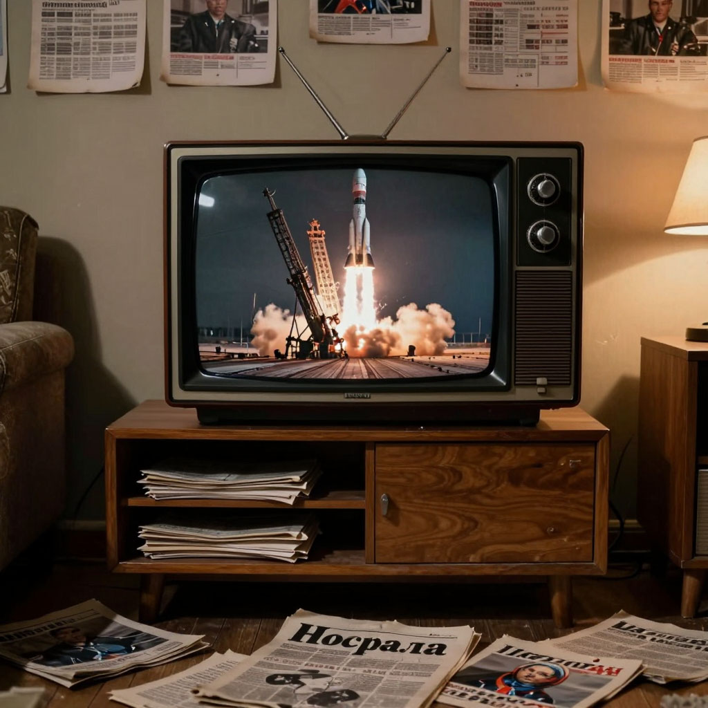 старый телевизор с кадрами старта ракеты и сценарии рядом