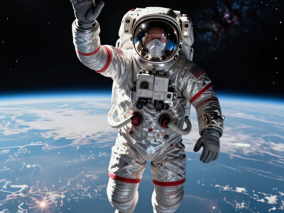 Космонавт машет рукой на фоне земли