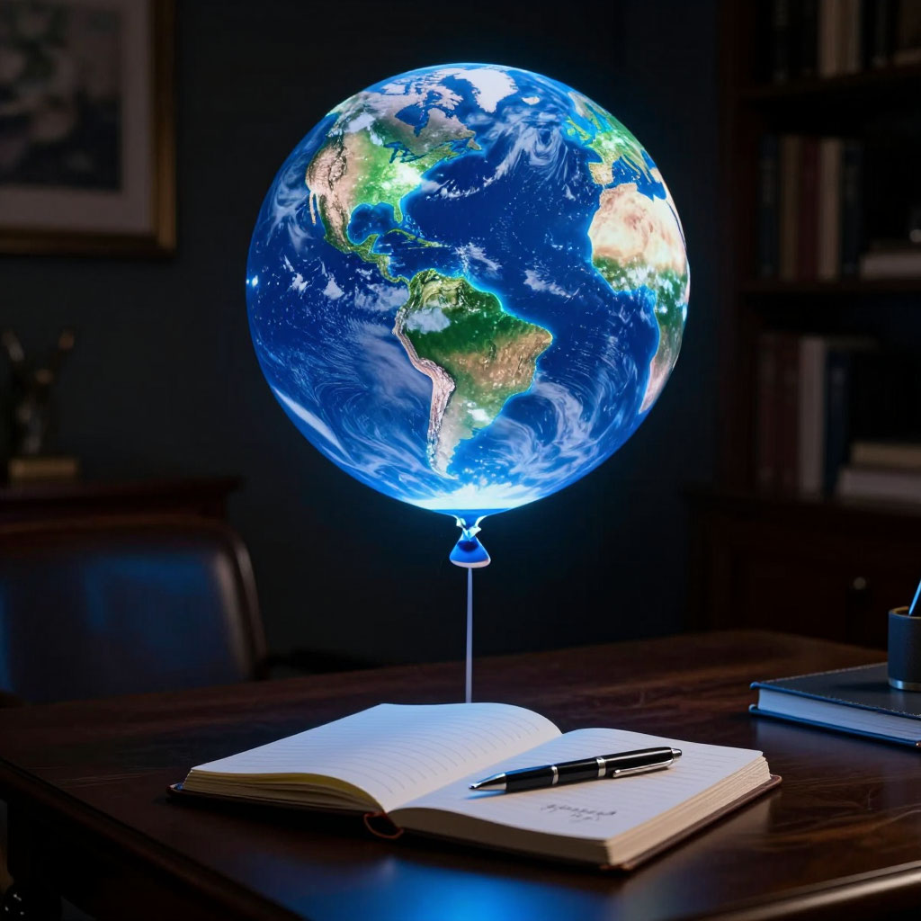 воздушный шар планета Земля парит над блокнотом с поздравлением