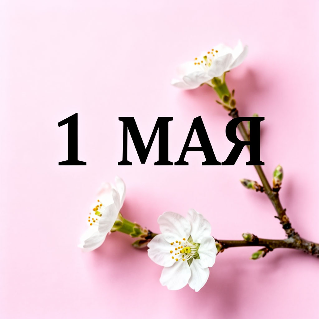Пастельно-розовый фон, одна ветка с тремя цветками, крупно: «1 МАЯ».