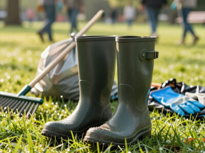 Резиновые сапоги, мешок для мусора и грабли на траве в парке