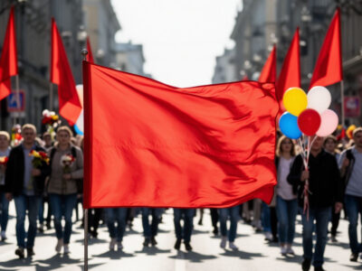 Красный флаг на ветру на фоне колонны людей на проспекте