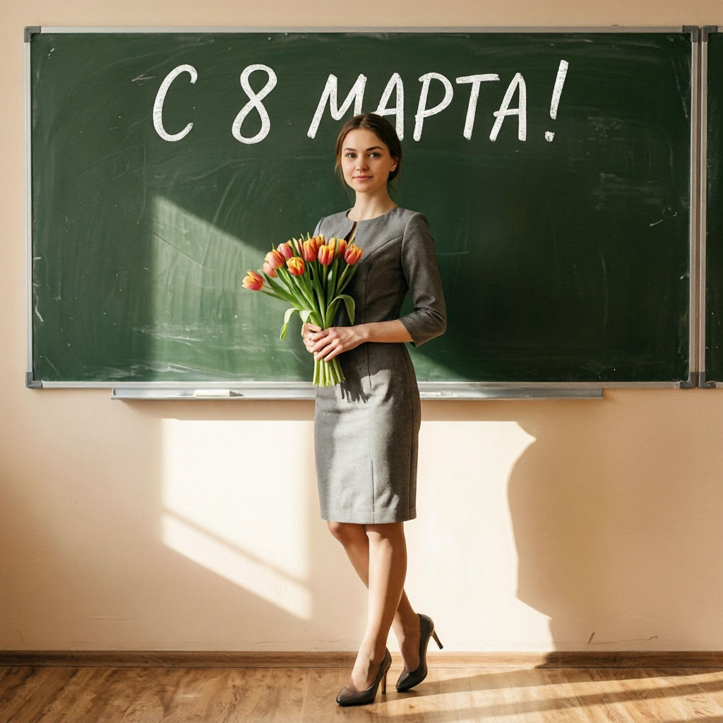 красивая учительница с букетом тюльпанов у школьной доски 8 марта