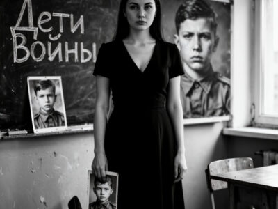 Русская брюнетка в черном платье у школьной доски со снимком мальчика-героя войны.