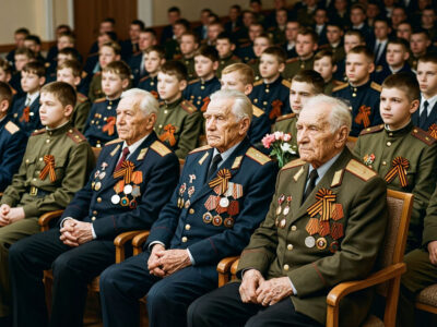 ученики в военной форме читают стихи ветеранам на сцене школьного зала 9 мая