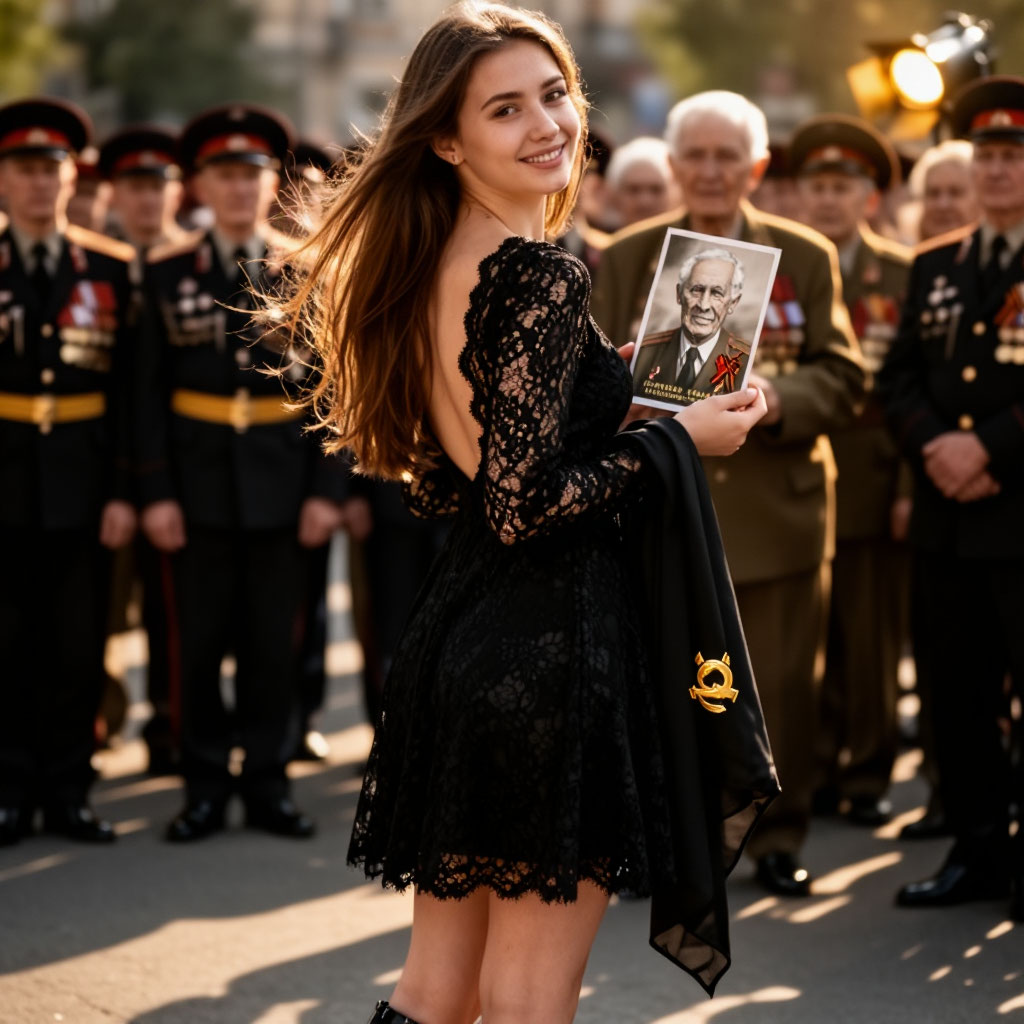 Девушка в черном платье с портретом прадеда-ветерана у сцены под софитом.