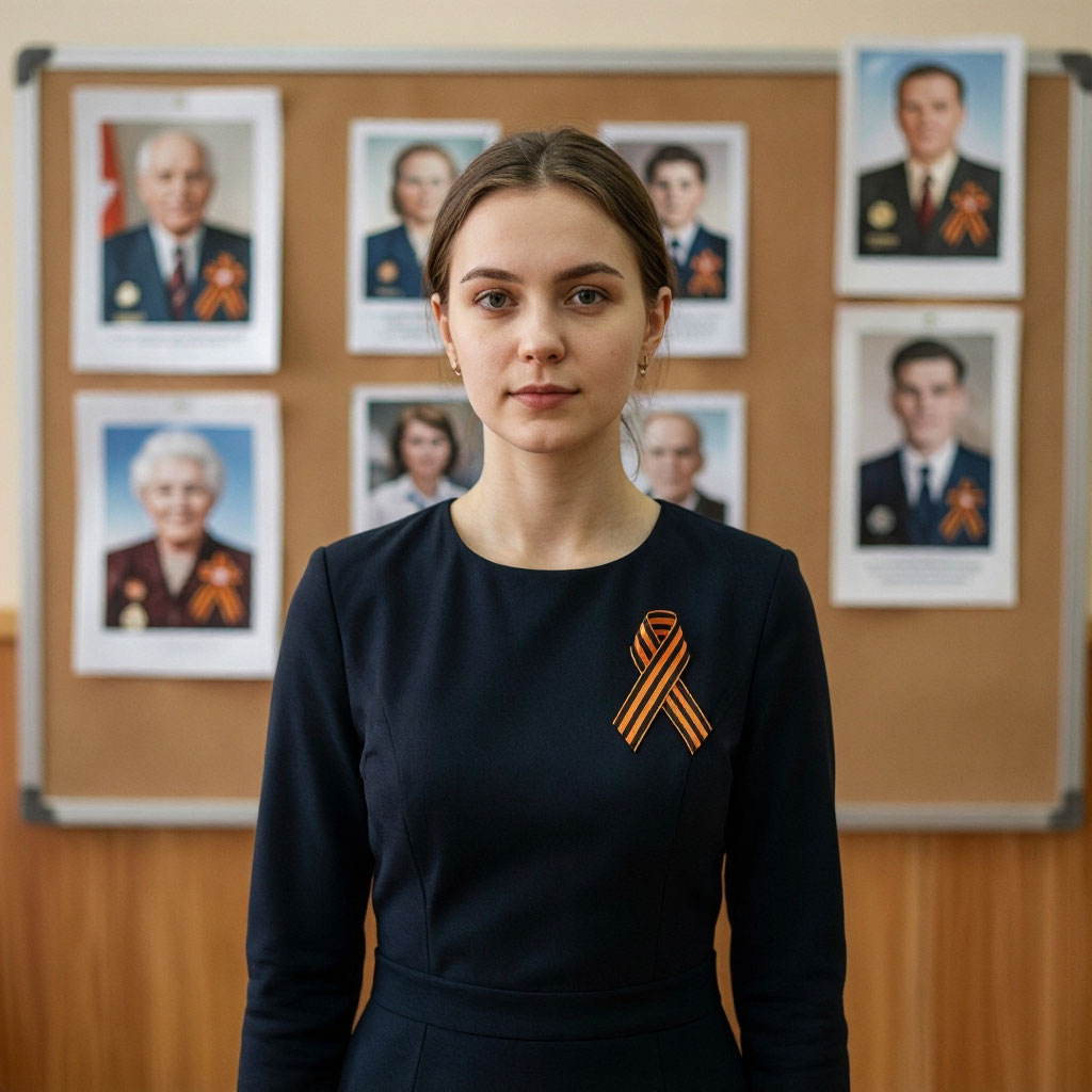 молодая учительница в строгом платье у стенда с портретами ветеранов 9 мая