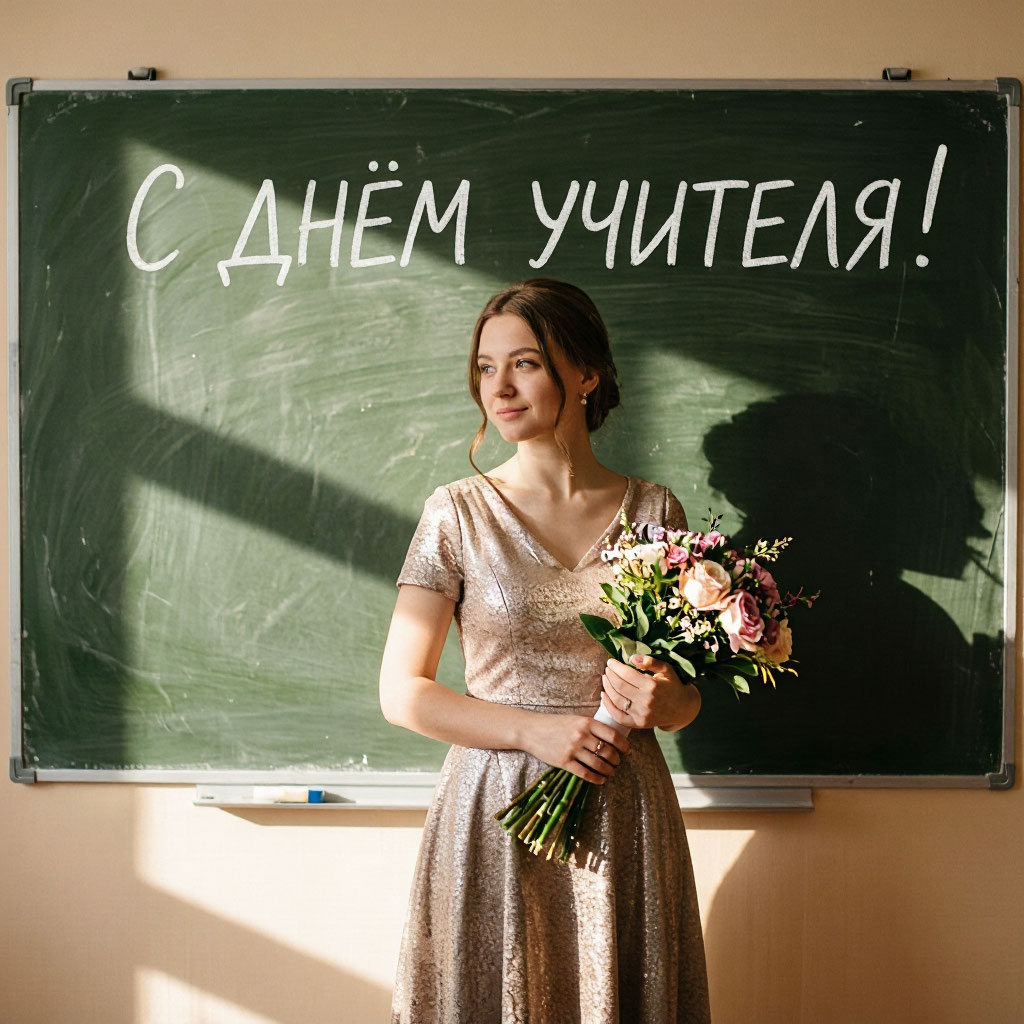 красивая учительница с букетом цветов у школьной доски День учителя