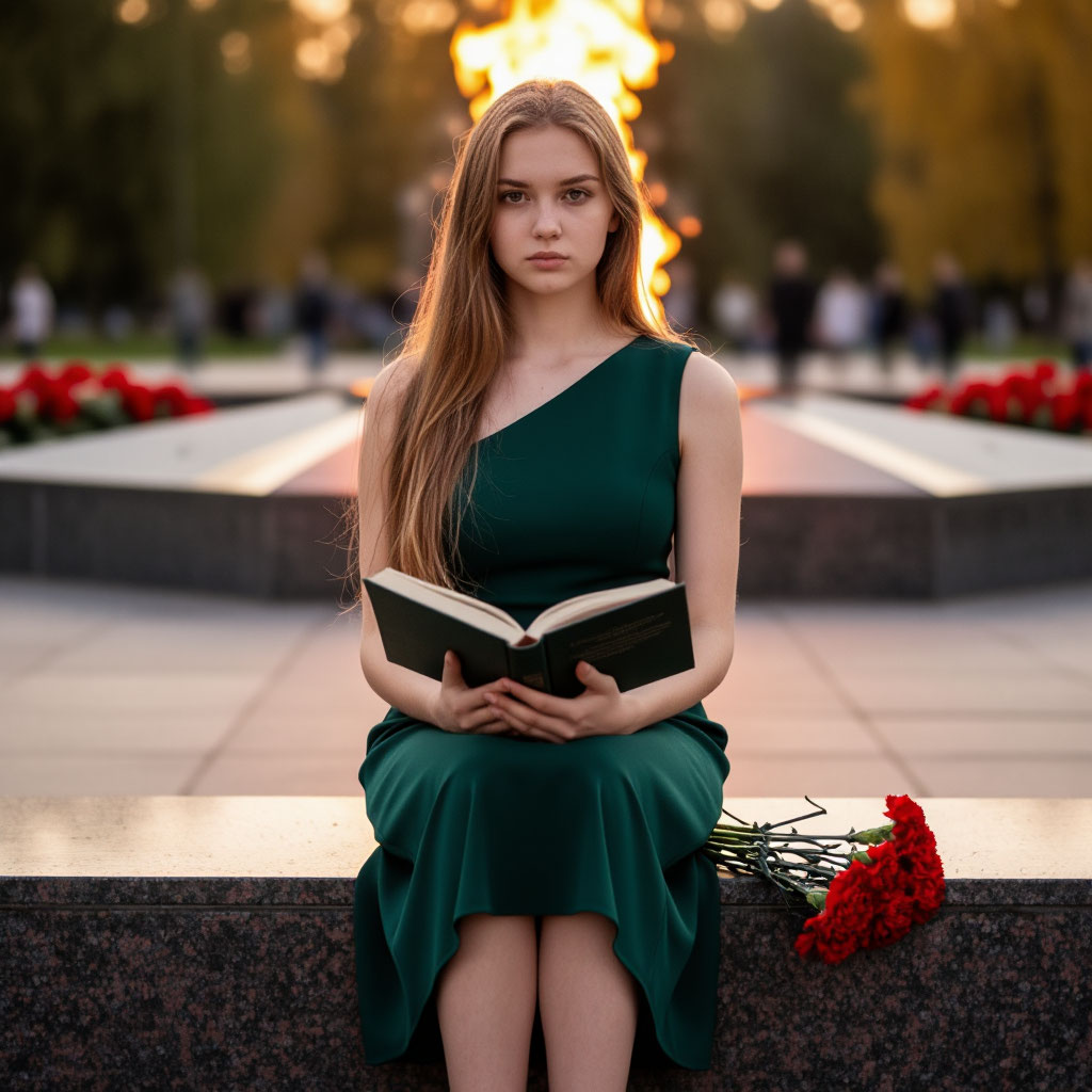 Русская девушка на гранитной плите мемориала с книгой стихов о памяти.