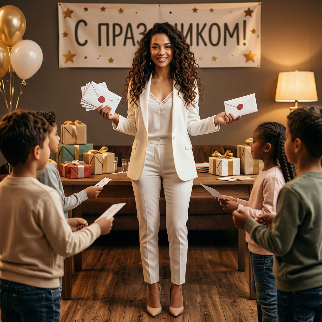 Шатенка в белом брючном костюме с конвертами у стола с подарками в окружении детей и шаров.