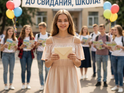 Юная выпускница в светлом платье с конвертом-заданием в руках на фоне одноклассников с картами квеста.