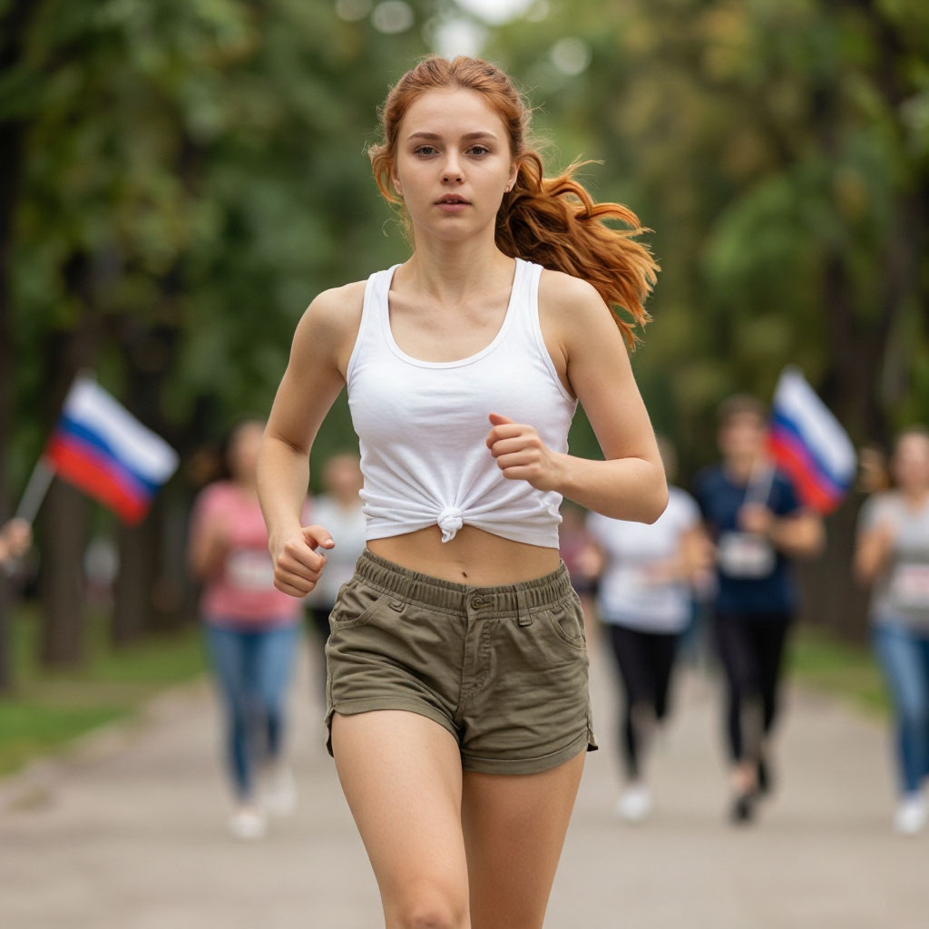 Русая девушка в шортах хаки бежит по парковой дорожке с флагом команды на фоне деревьев.