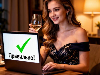 Победительница викторины с бокалом и зелёной галочкой на экране