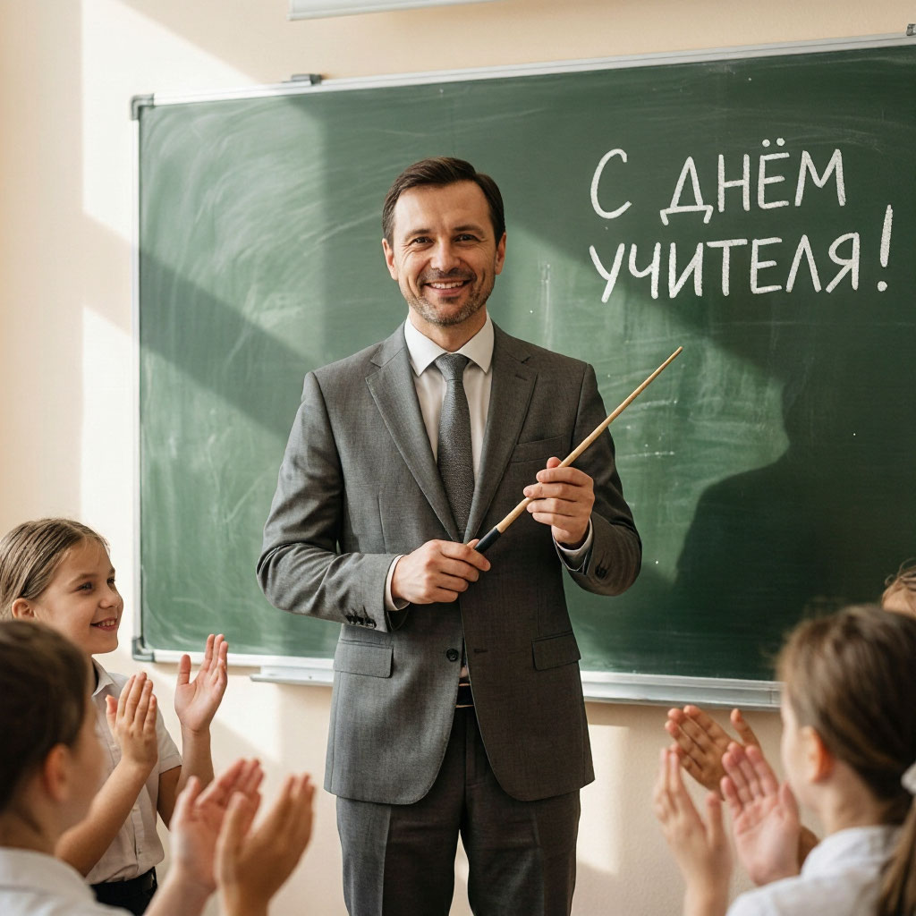 мужчина учитель в строгом костюме с указкой у доски на День учителя