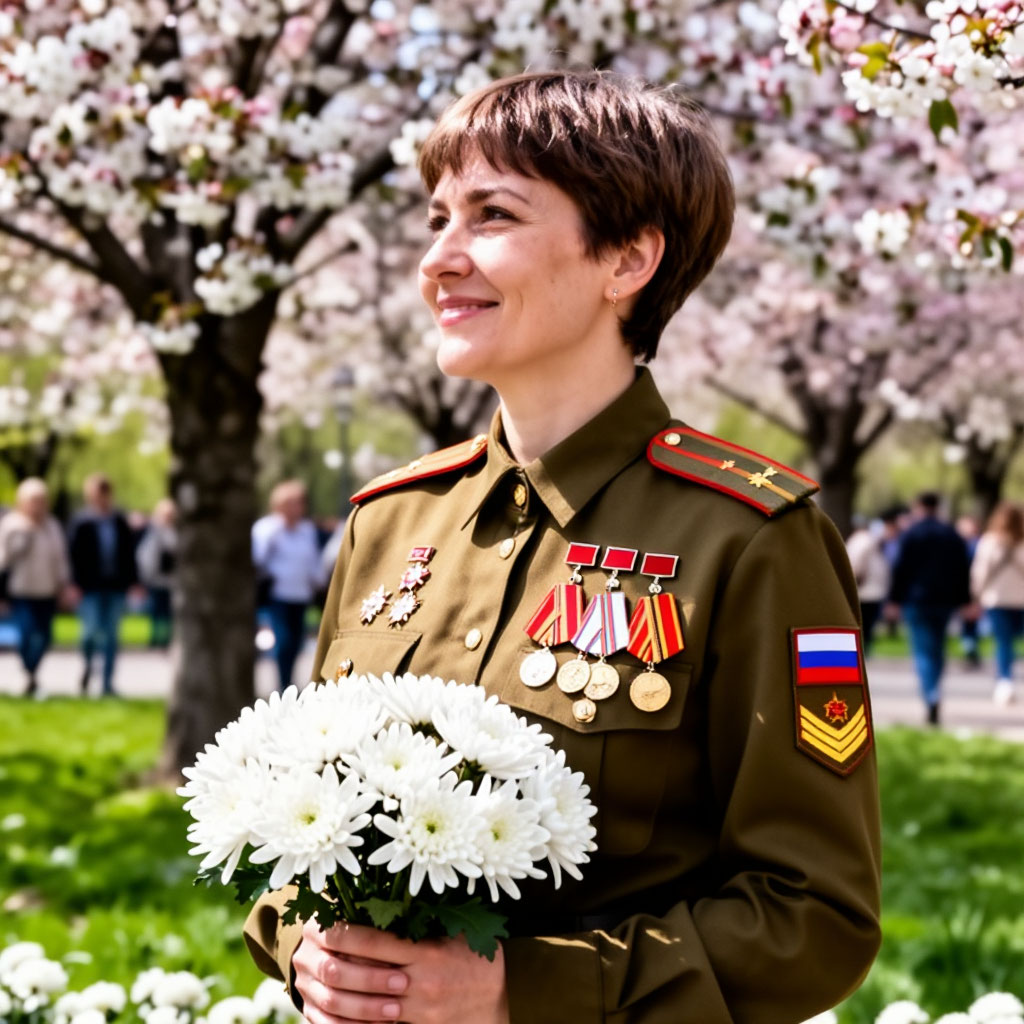 Женщина-ветеран боевых действий с цветами 1 июля
