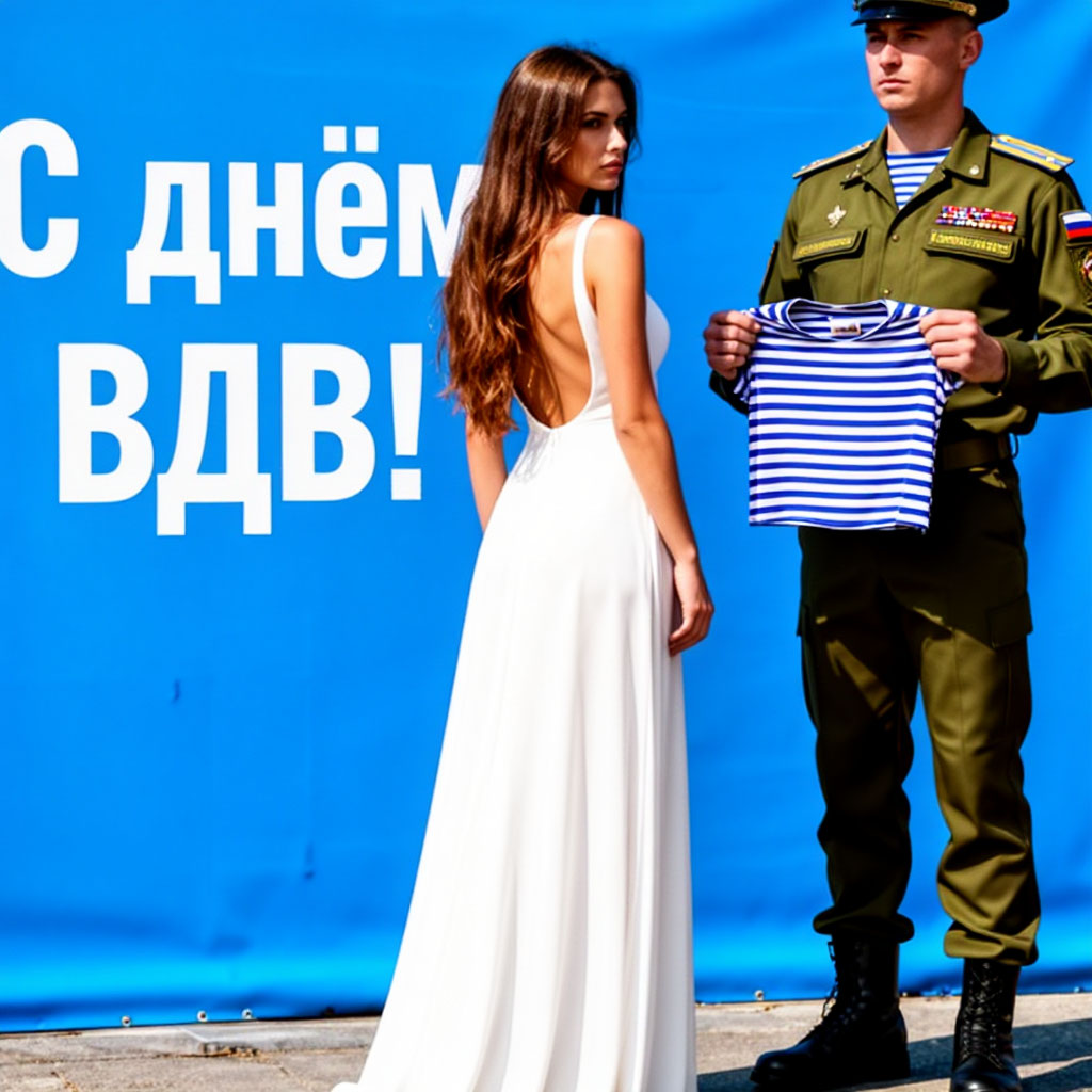 Девушка в белом платье у фотозоны с надписью С Днём ВДВ рядом с мужчиной в форме