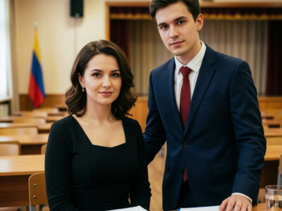 Уверенная женщина за столом на родительском собрании в школе