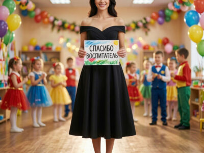 Женщина с детским рисунком в музыкальном зале детского сада