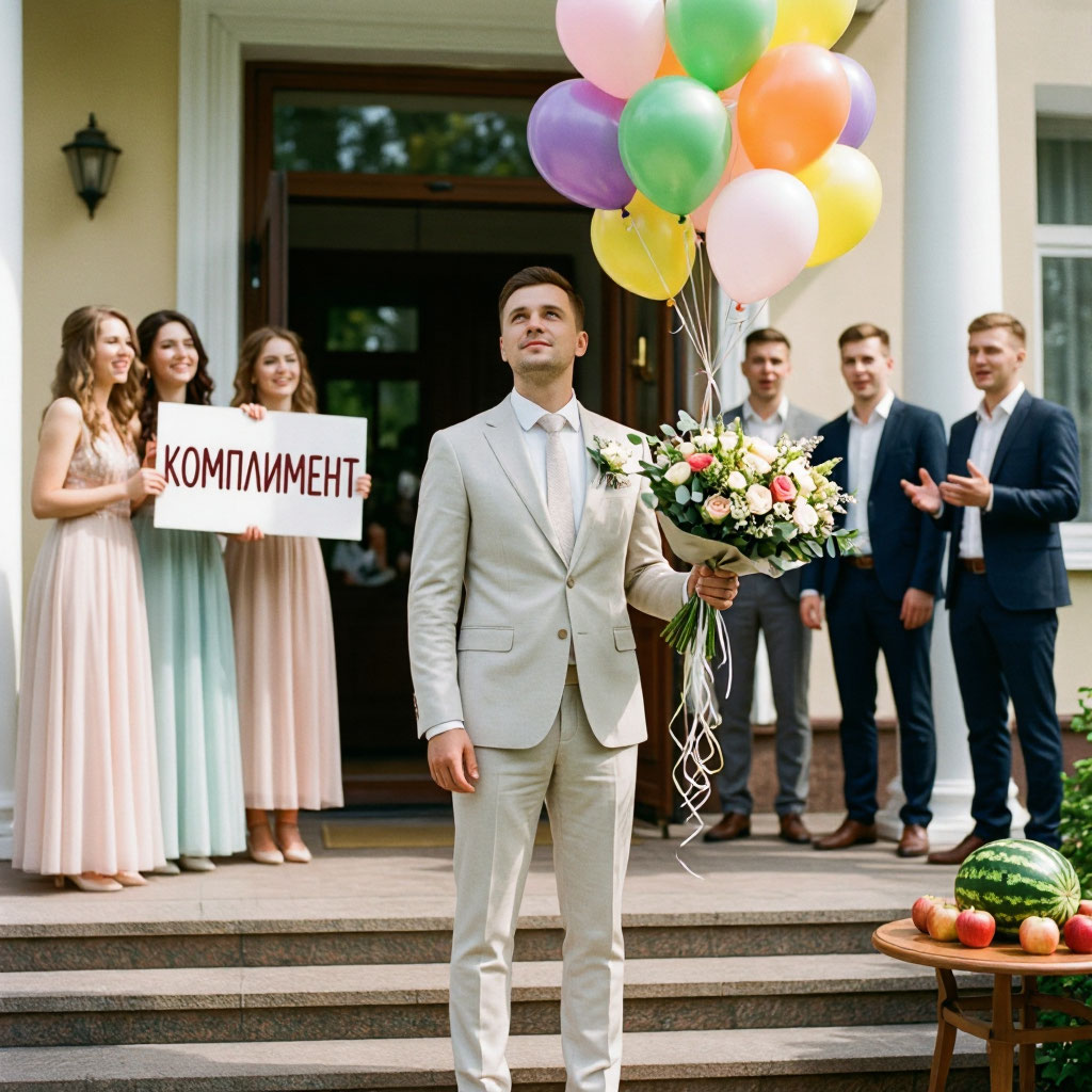 Жених у подъезда с букетом и шарами на выкупе