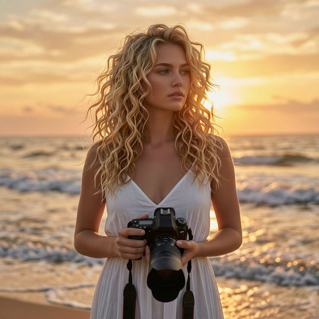 Женщина-фотограф с камерой на фоне моря и заката