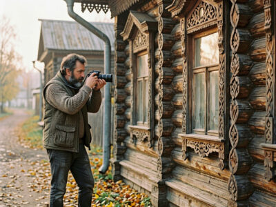 Фотограф снимает деревянный терем на Красноармейской в Томске