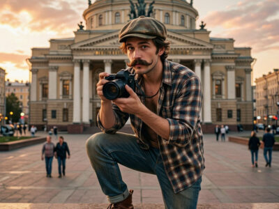 Мужчина-фотограф с усами у Оперного театра в Новосибирске