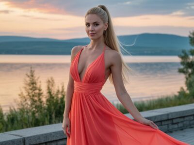 Ведущая с микрофоном на набережной Волги в Тольятти