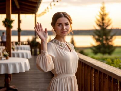 Ведущая встречает гостей на веранде у водохранилища в Воронеже