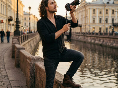 Мужчина-фотограф с длинными волосами на Плотинке в Екатеринбурге