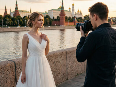 Элегантная русская невеста и фотограф на набережной Казанки