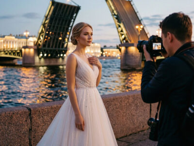Элегантная русская невеста и фотограф на набережной Санкт-Петербурга